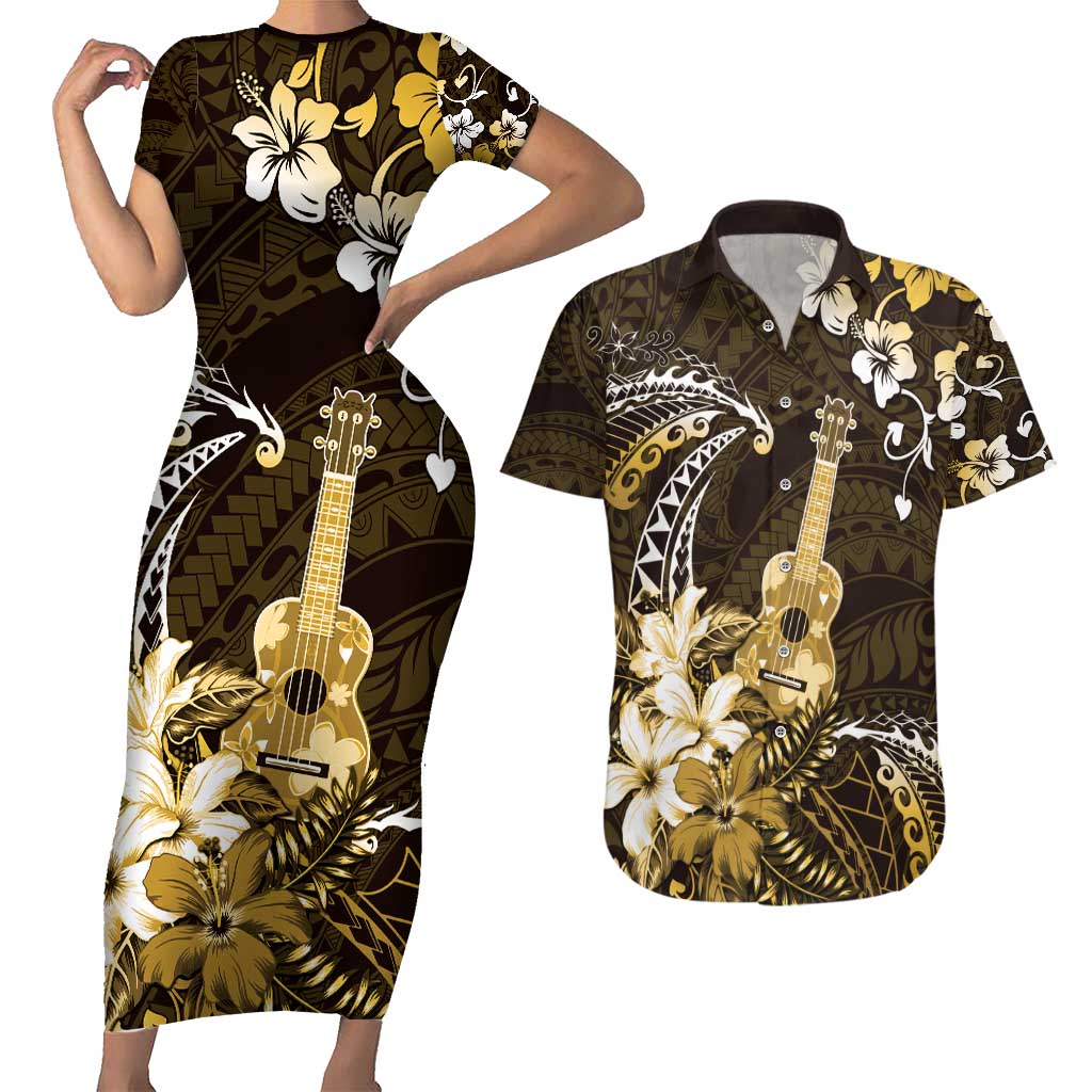 Hawaii Ukulele Couples Matching Short Sleeve Bodycon Dress and Hawaiian Shirt Polynesian Pattern Mix Hibiscus Gold Version LT05
