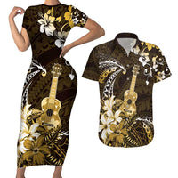 Hawaii Ukulele Couples Matching Short Sleeve Bodycon Dress and Hawaiian Shirt Polynesian Pattern Mix Hibiscus Gold Version LT05