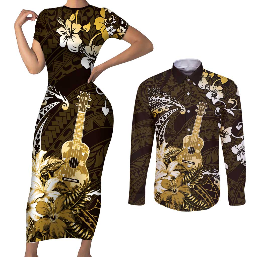 Hawaii Ukulele Couples Matching Short Sleeve Bodycon Dress and Long Sleeve Button Shirt Polynesian Pattern Mix Hibiscus Gold Version LT05 Gold - Polynesian Pride