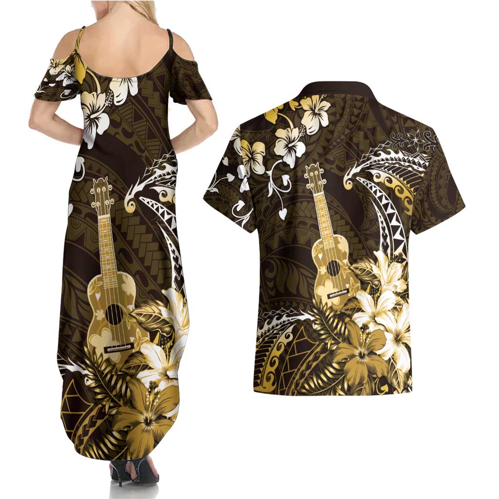 Hawaii Ukulele Couples Matching Summer Maxi Dress and Hawaiian Shirt Polynesian Pattern Mix Hibiscus Gold Version LT05