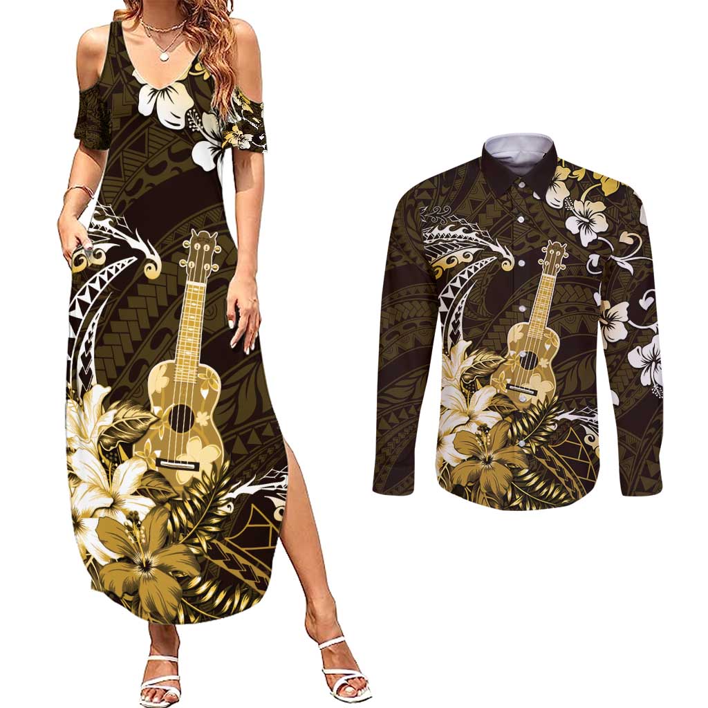 Hawaii Ukulele Couples Matching Summer Maxi Dress and Long Sleeve Button Shirt Polynesian Pattern Mix Hibiscus Gold Version LT05 Gold - Polynesian Pride