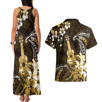 Hawaii Ukulele Couples Matching Tank Maxi Dress and Hawaiian Shirt Polynesian Pattern Mix Hibiscus Gold Version LT05