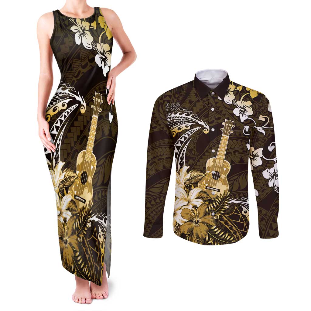 Hawaii Ukulele Couples Matching Tank Maxi Dress and Long Sleeve Button Shirt Polynesian Pattern Mix Hibiscus Gold Version LT05 Gold - Polynesian Pride