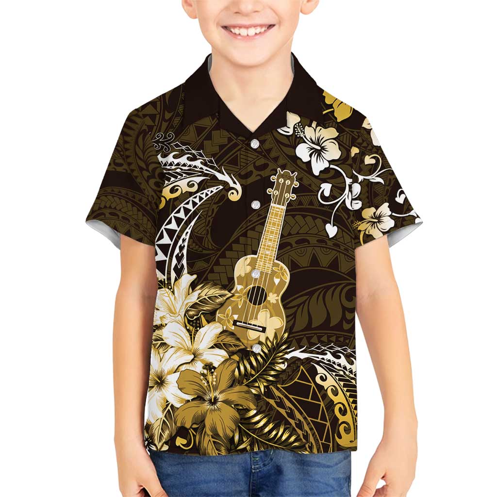 Hawaii Ukulele Family Matching Long Sleeve Bodycon Dress and Hawaiian Shirt Polynesian Pattern Mix Hibiscus Gold Version LT05