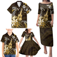 Hawaii Ukulele Family Matching Puletasi and Hawaiian Shirt Polynesian Pattern Mix Hibiscus Gold Version LT05