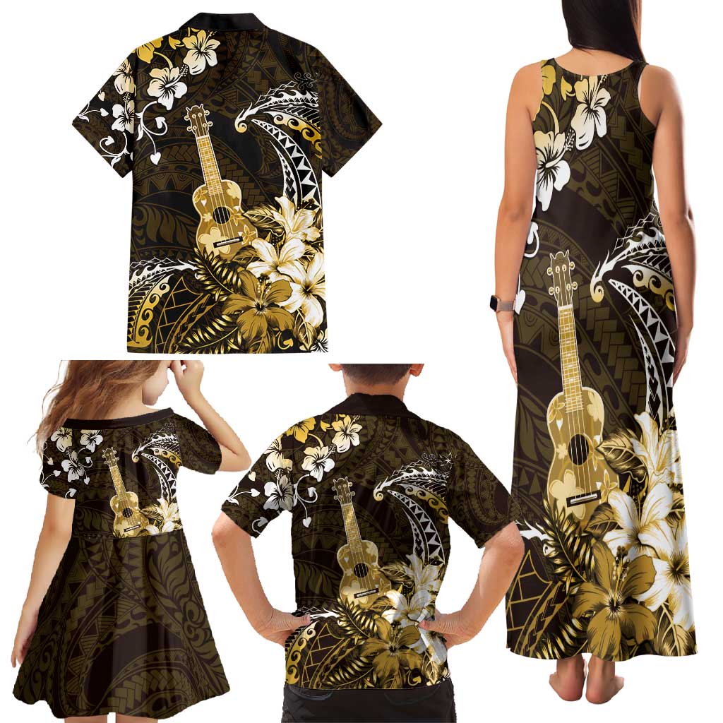 Hawaii Ukulele Family Matching Tank Maxi Dress and Hawaiian Shirt Polynesian Pattern Mix Hibiscus Gold Version LT05