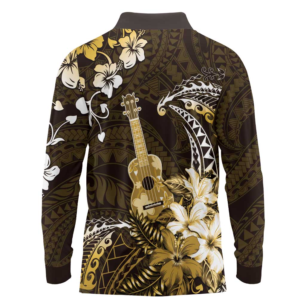 Hawaii Ukulele Long Sleeve Polo Shirt Polynesian Pattern Mix Hibiscus Gold Version LT05