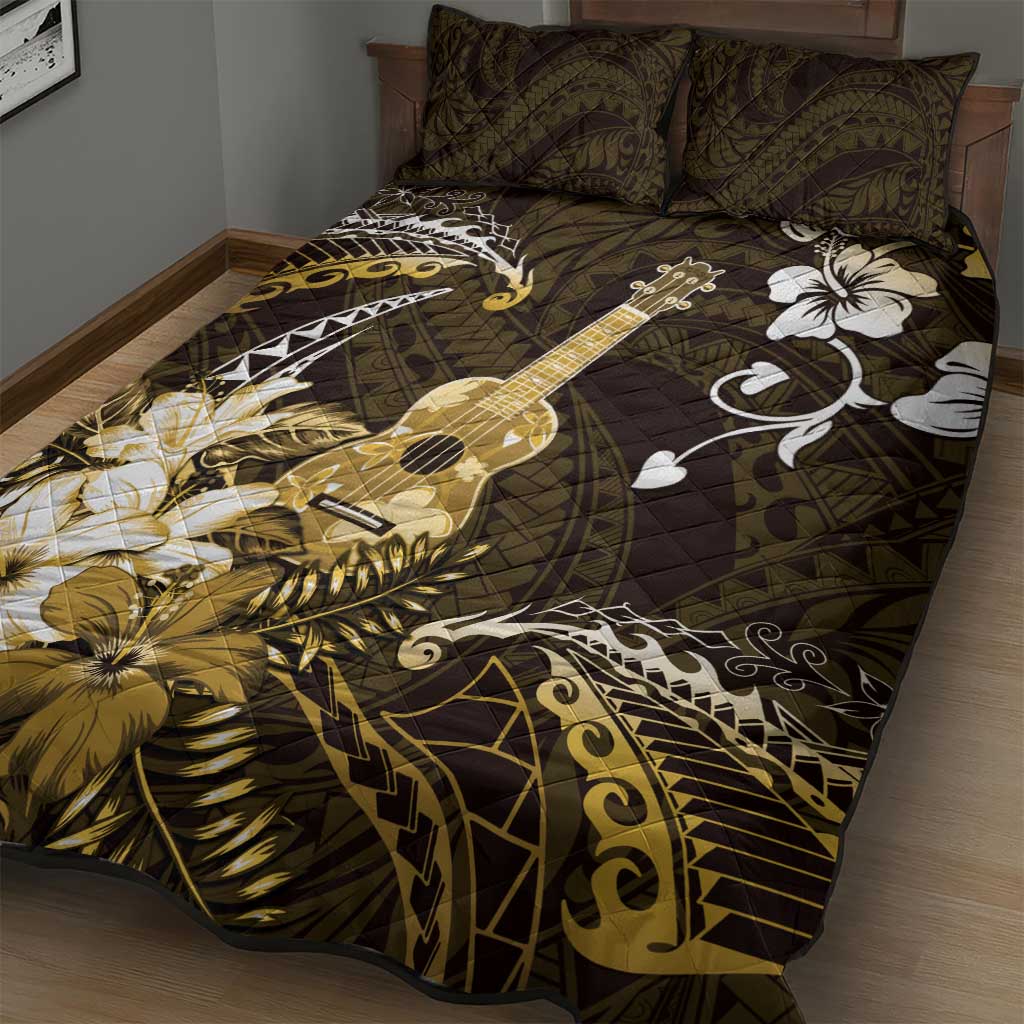Hawaii Ukulele Quilt Bed Set Polynesian Pattern Mix Hibiscus Gold Version