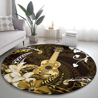 Hawaii Ukulele Round Carpet Polynesian Pattern Mix Hibiscus Gold Version