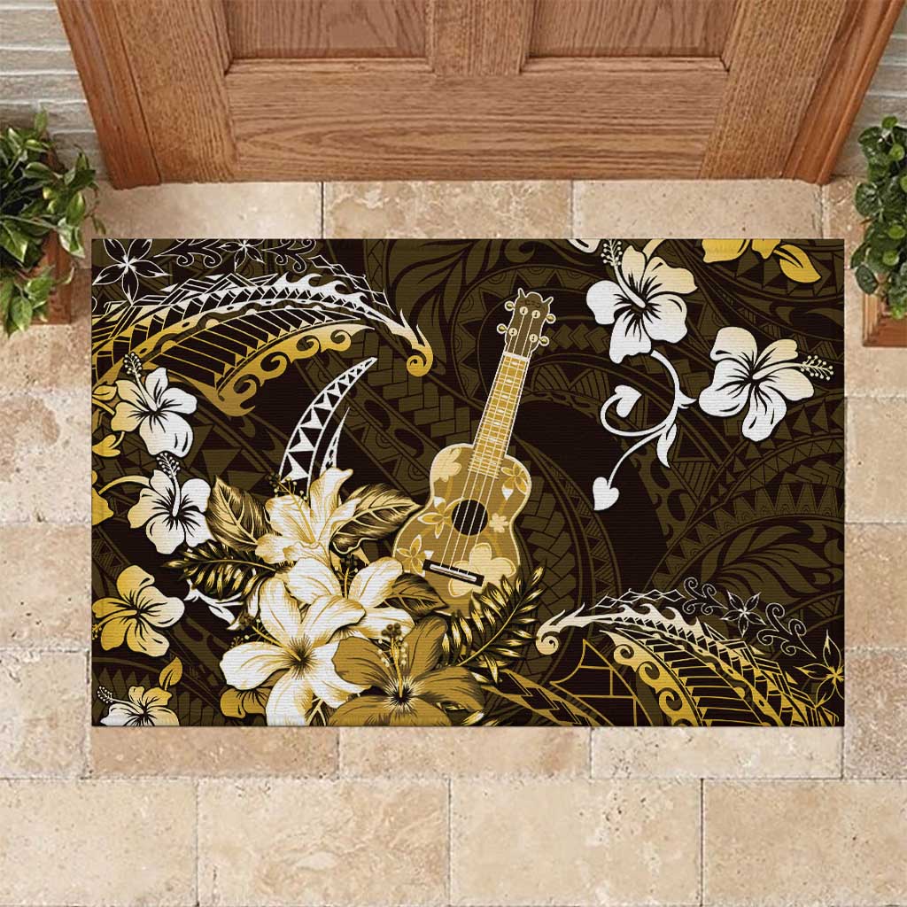Hawaii Ukulele Rubber Doormat Polynesian Pattern Mix Hibiscus Gold Version LT05 Gold - Polynesian Pride