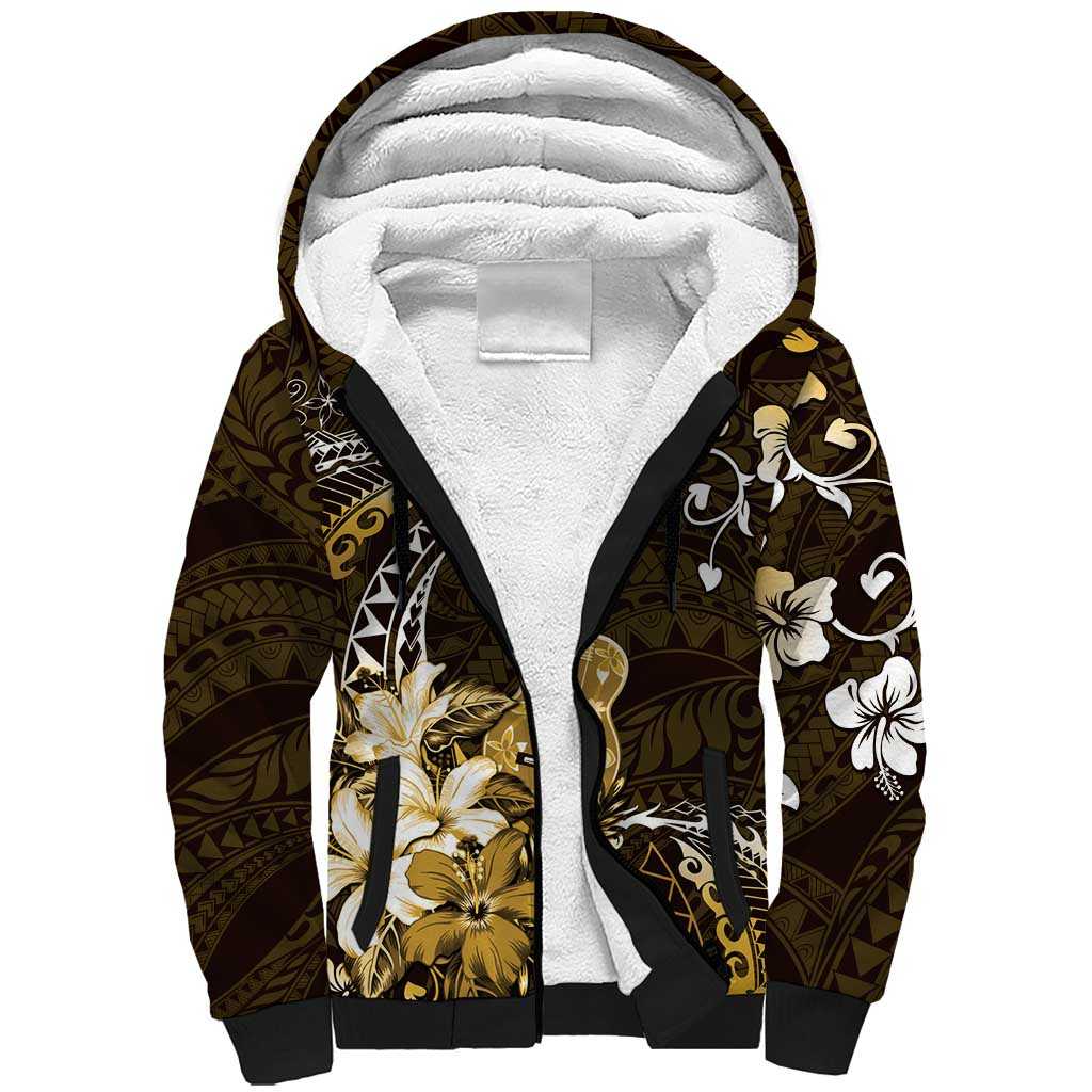 Hawaii Ukulele Sherpa Hoodie Polynesian Pattern Mix Hibiscus Gold Version LT05 Unisex Gold - Polynesian Pride