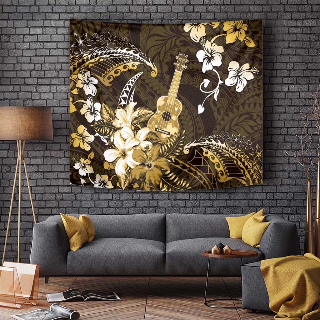 Hawaii Ukulele Tapestry Polynesian Pattern Mix Hibiscus Gold Version