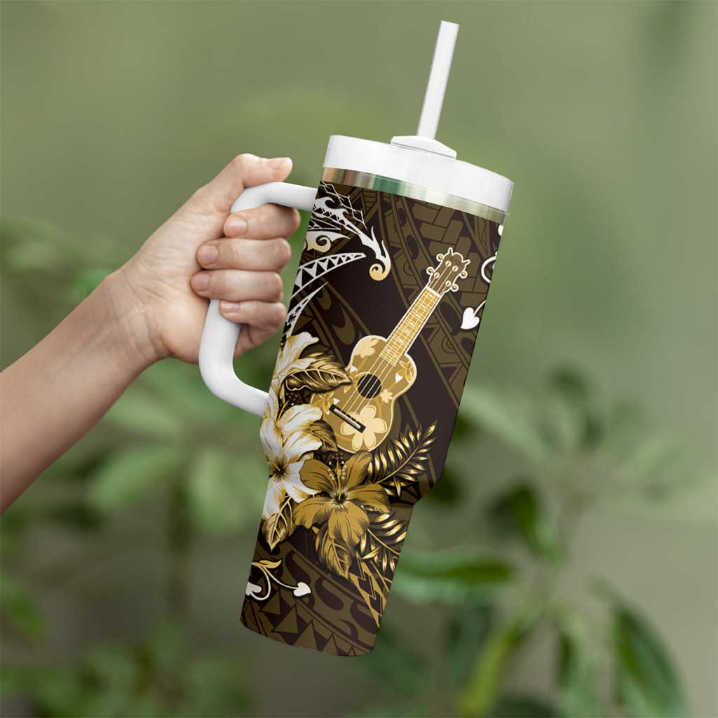 Hawaii Ukulele Tumbler With Handle Polynesian Pattern Mix Hibiscus Gold Version