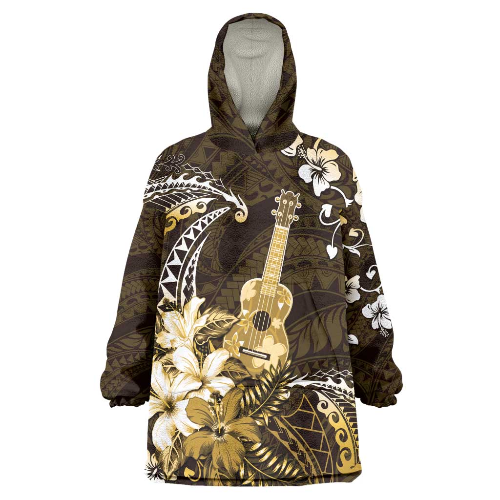 Hawaii Ukulele Wearable Blanket Hoodie Polynesian Pattern Mix Hibiscus Gold Version LT05 One Size Gold - Polynesian Pride