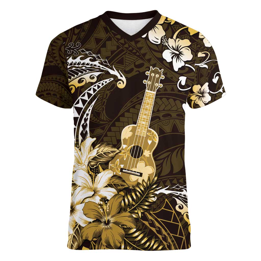 Hawaii Ukulele Women V-Neck T-Shirt Polynesian Pattern Mix Hibiscus Gold Version LT05 Female Gold - Polynesian Pride
