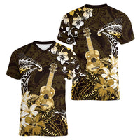 Hawaii Ukulele Women V-Neck T-Shirt Polynesian Pattern Mix Hibiscus Gold Version LT05