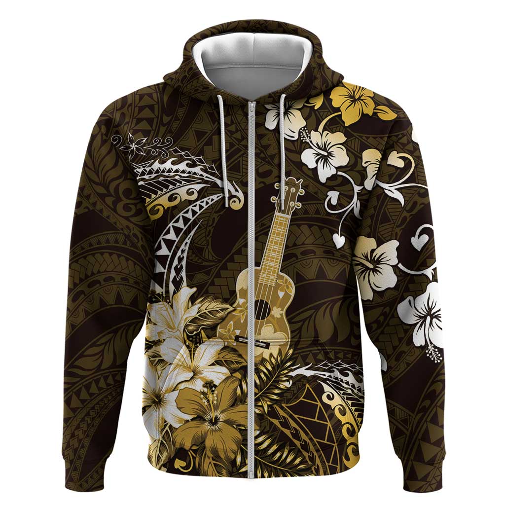 Hawaii Ukulele Zip Hoodie Polynesian Pattern Mix Hibiscus Gold Version LT05 Zip Hoodie Gold - Polynesian Pride