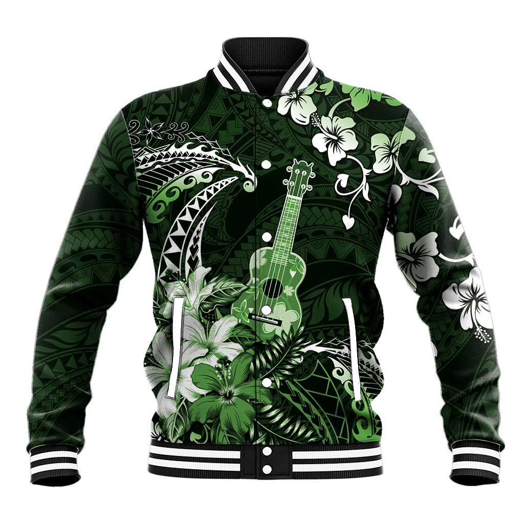 Hawaii Ukulele Baseball Jacket Polynesian Pattern Mix Hibiscus Green Version LT05 Unisex Green - Polynesian Pride