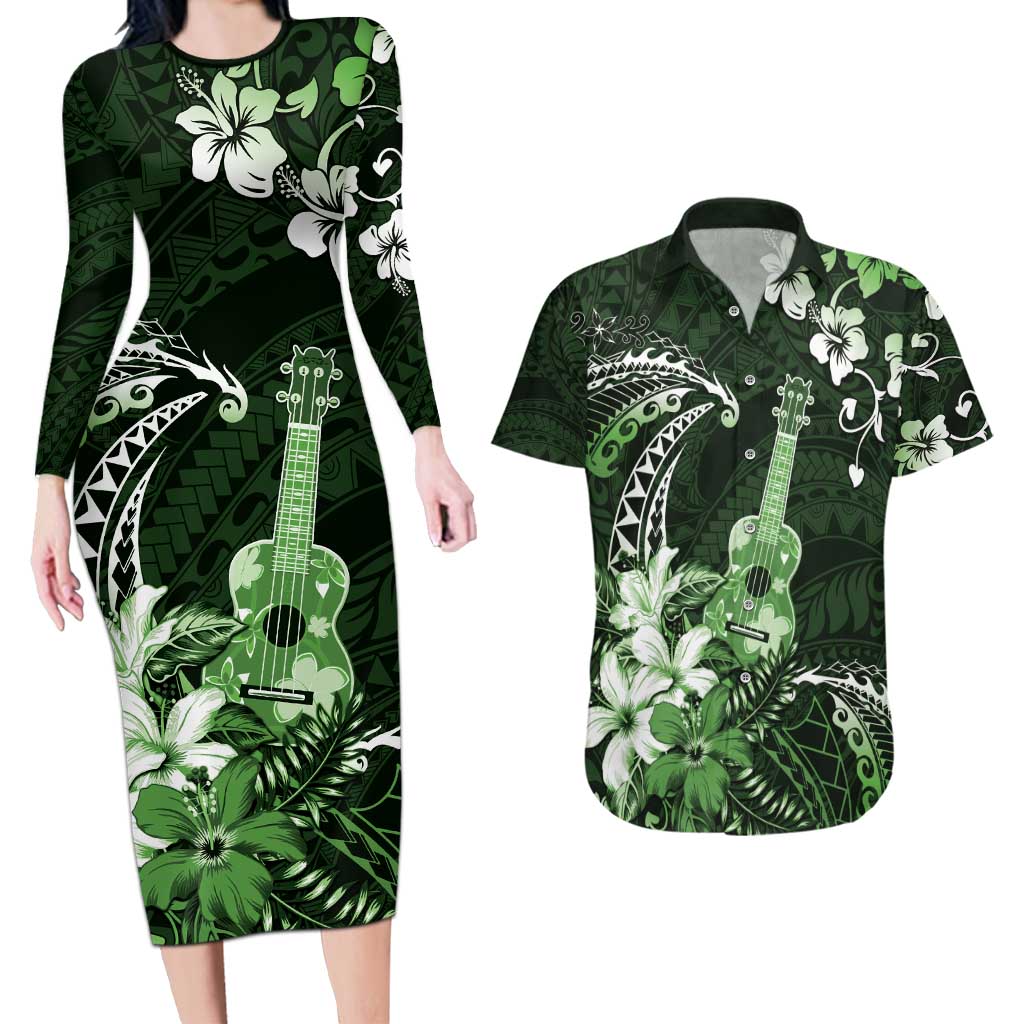 Hawaii Ukulele Couples Matching Long Sleeve Bodycon Dress and Hawaiian Shirt Polynesian Pattern Mix Hibiscus Green Version LT05