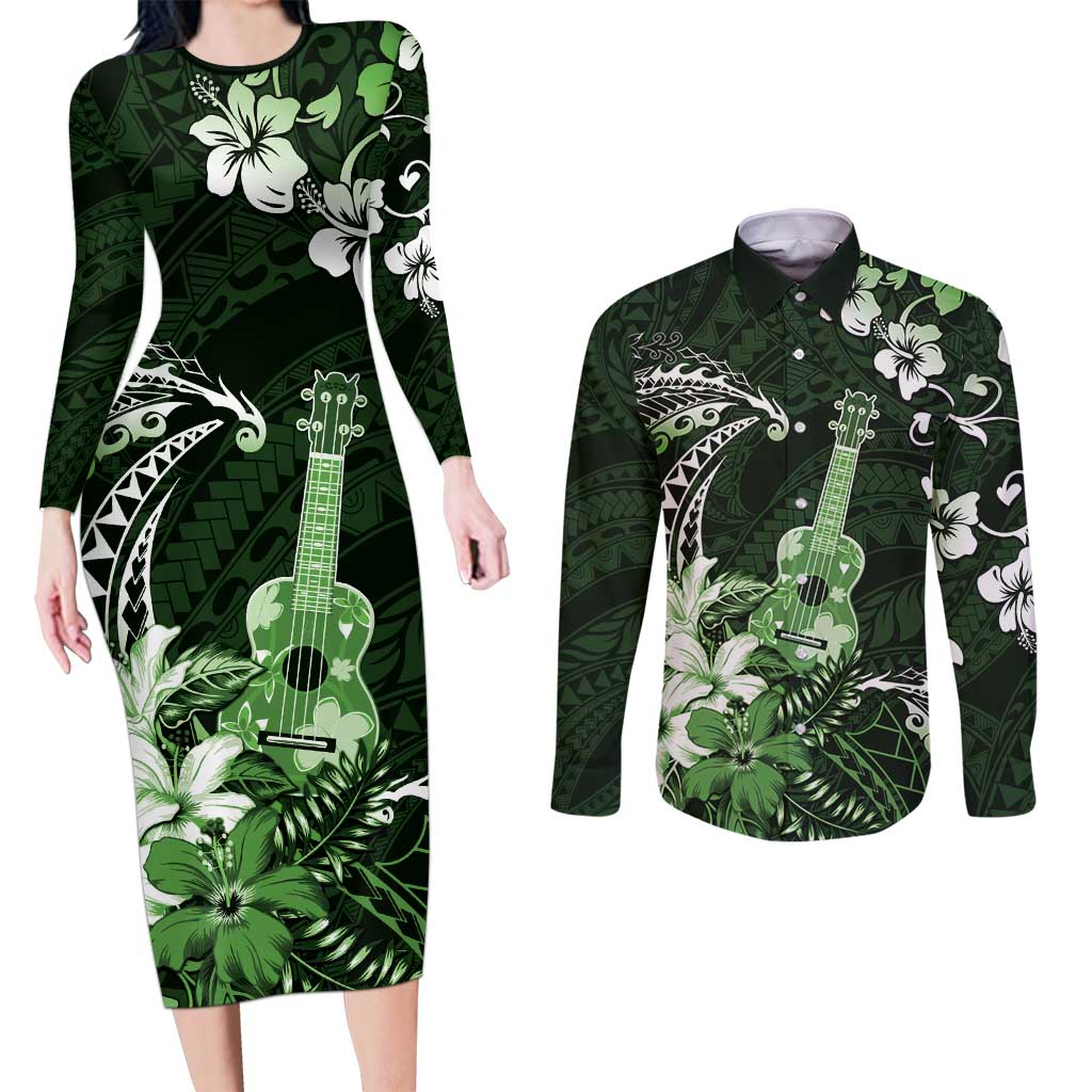 Hawaii Ukulele Couples Matching Long Sleeve Bodycon Dress and Long Sleeve Button Shirt Polynesian Pattern Mix Hibiscus Green Version LT05 Green - Polynesian Pride