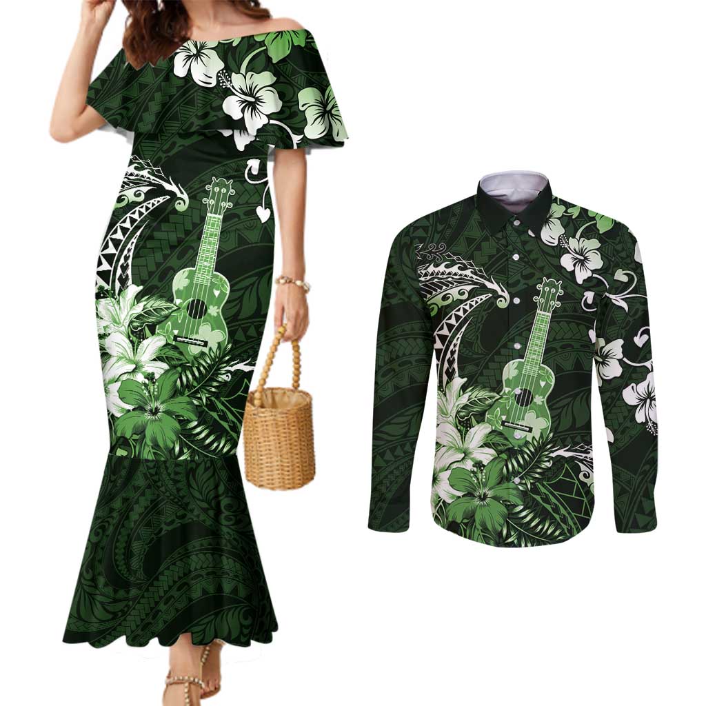 Hawaii Ukulele Couples Matching Mermaid Dress and Long Sleeve Button Shirt Polynesian Pattern Mix Hibiscus Green Version LT05 Green - Polynesian Pride
