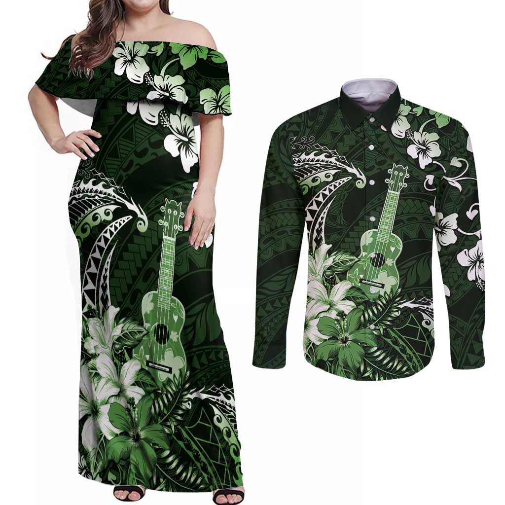 Hawaii Ukulele Couples Matching Off Shoulder Maxi Dress and Long Sleeve Button Shirt Polynesian Pattern Mix Hibiscus Green Version LT05 Green - Polynesian Pride