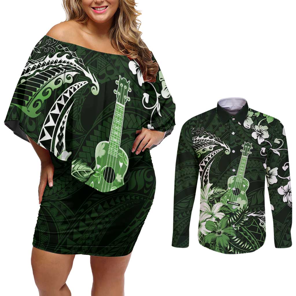 Hawaii Ukulele Couples Matching Off Shoulder Short Dress and Long Sleeve Button Shirt Polynesian Pattern Mix Hibiscus Green Version LT05 Green - Polynesian Pride