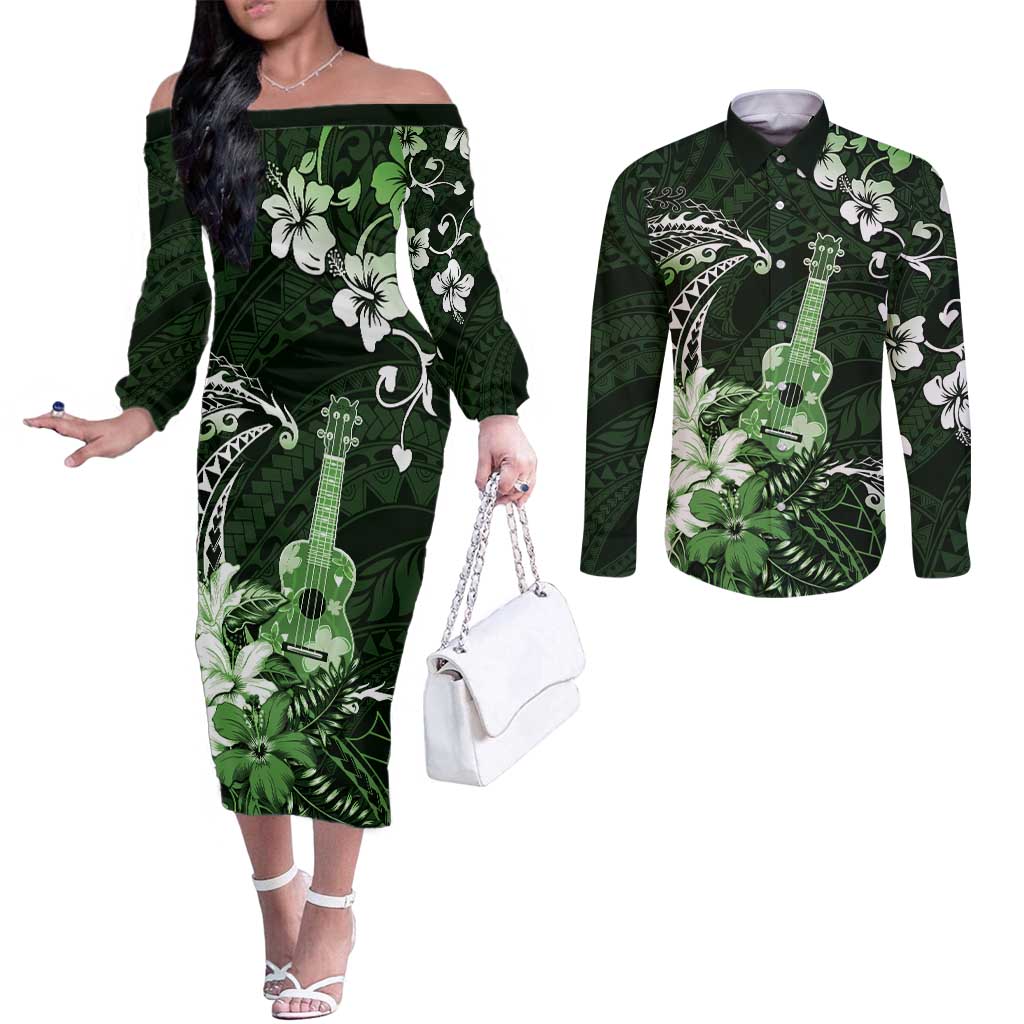 Hawaii Ukulele Couples Matching Off The Shoulder Long Sleeve Dress and Long Sleeve Button Shirt Polynesian Pattern Mix Hibiscus Green Version LT05 Green - Polynesian Pride