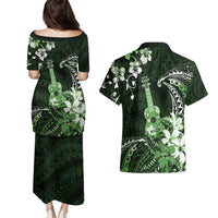 Hawaii Ukulele Couples Matching Puletasi and Hawaiian Shirt Polynesian Pattern Mix Hibiscus Green Version LT05