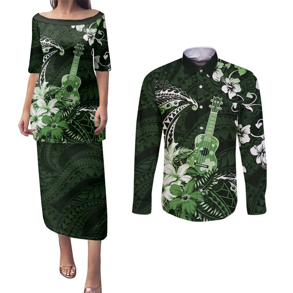 Hawaii Ukulele Couples Matching Puletasi and Long Sleeve Button Shirt Polynesian Pattern Mix Hibiscus Green Version LT05 Green - Polynesian Pride