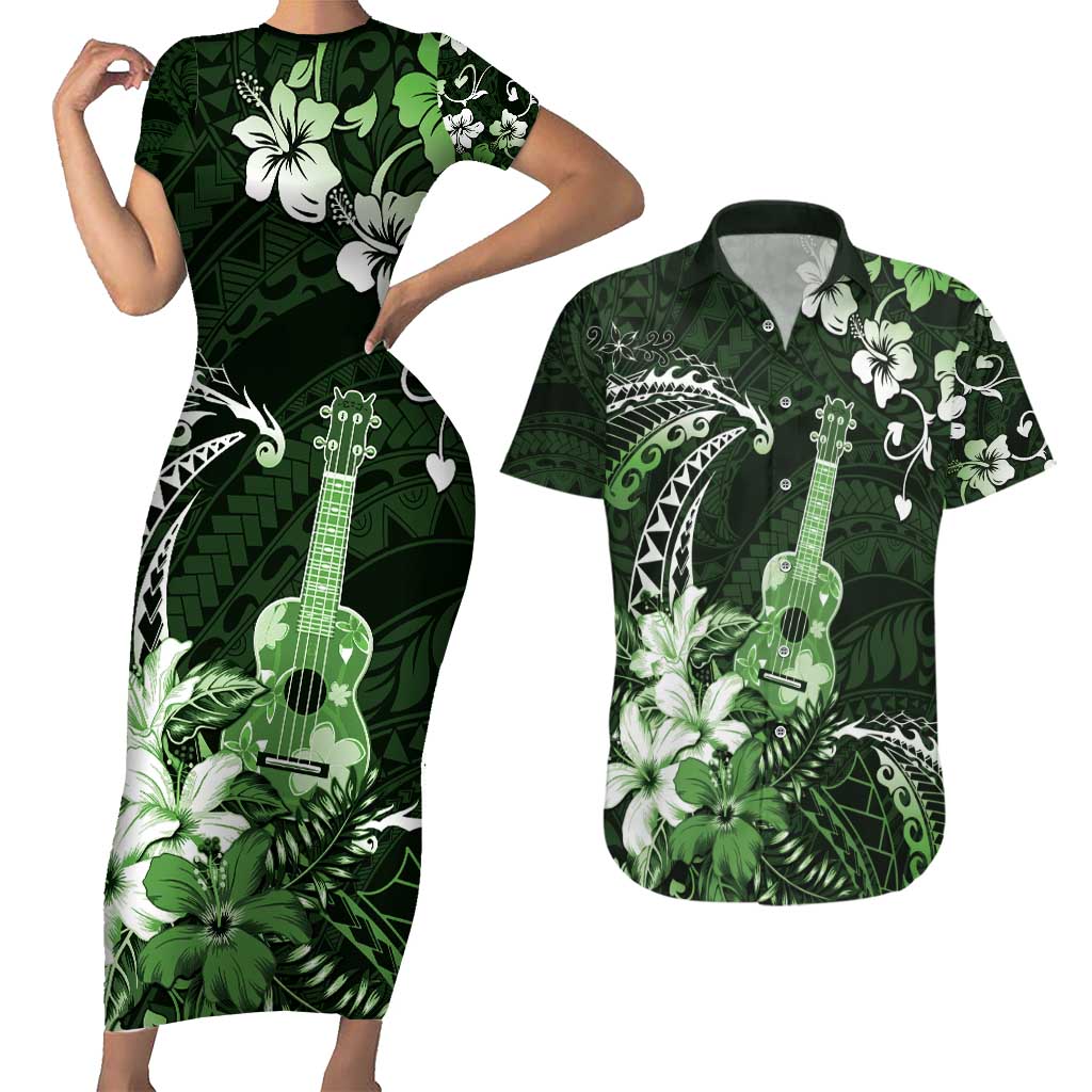 Hawaii Ukulele Couples Matching Short Sleeve Bodycon Dress and Hawaiian Shirt Polynesian Pattern Mix Hibiscus Green Version LT05