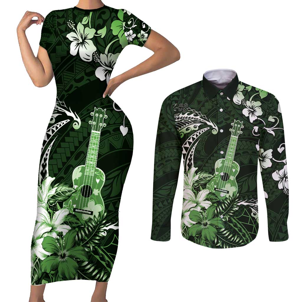 Hawaii Ukulele Couples Matching Short Sleeve Bodycon Dress and Long Sleeve Button Shirt Polynesian Pattern Mix Hibiscus Green Version LT05 Green - Polynesian Pride
