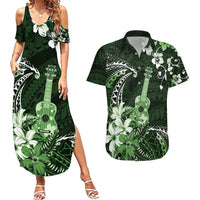Hawaii Ukulele Couples Matching Summer Maxi Dress and Hawaiian Shirt Polynesian Pattern Mix Hibiscus Green Version LT05