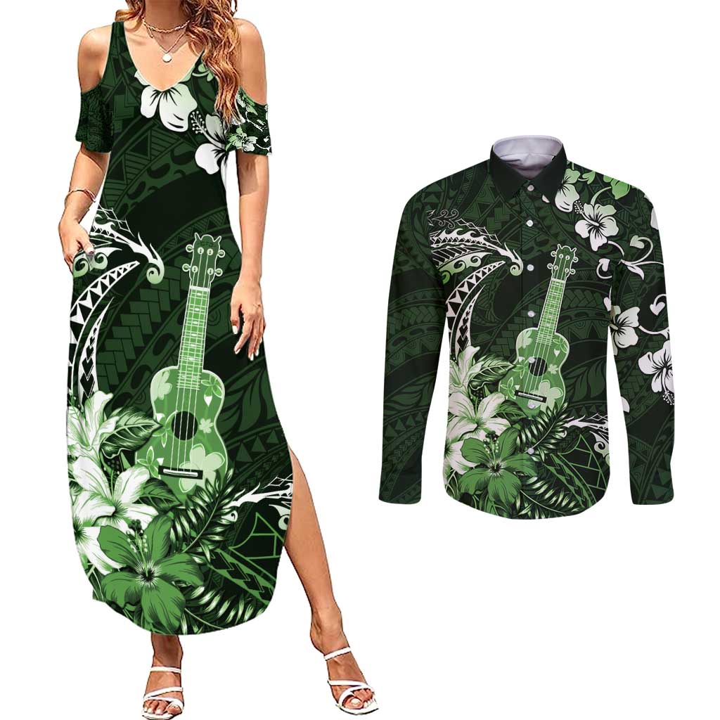 Hawaii Ukulele Couples Matching Summer Maxi Dress and Long Sleeve Button Shirt Polynesian Pattern Mix Hibiscus Green Version LT05 Green - Polynesian Pride