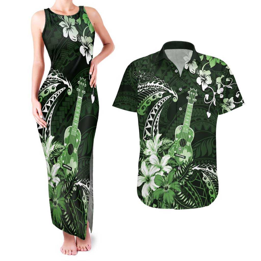 Hawaii Ukulele Couples Matching Tank Maxi Dress and Hawaiian Shirt Polynesian Pattern Mix Hibiscus Green Version LT05