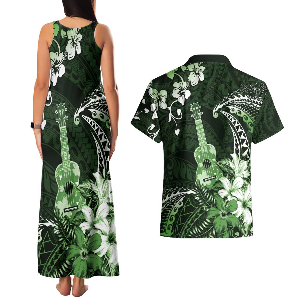 Hawaii Ukulele Couples Matching Tank Maxi Dress and Hawaiian Shirt Polynesian Pattern Mix Hibiscus Green Version LT05