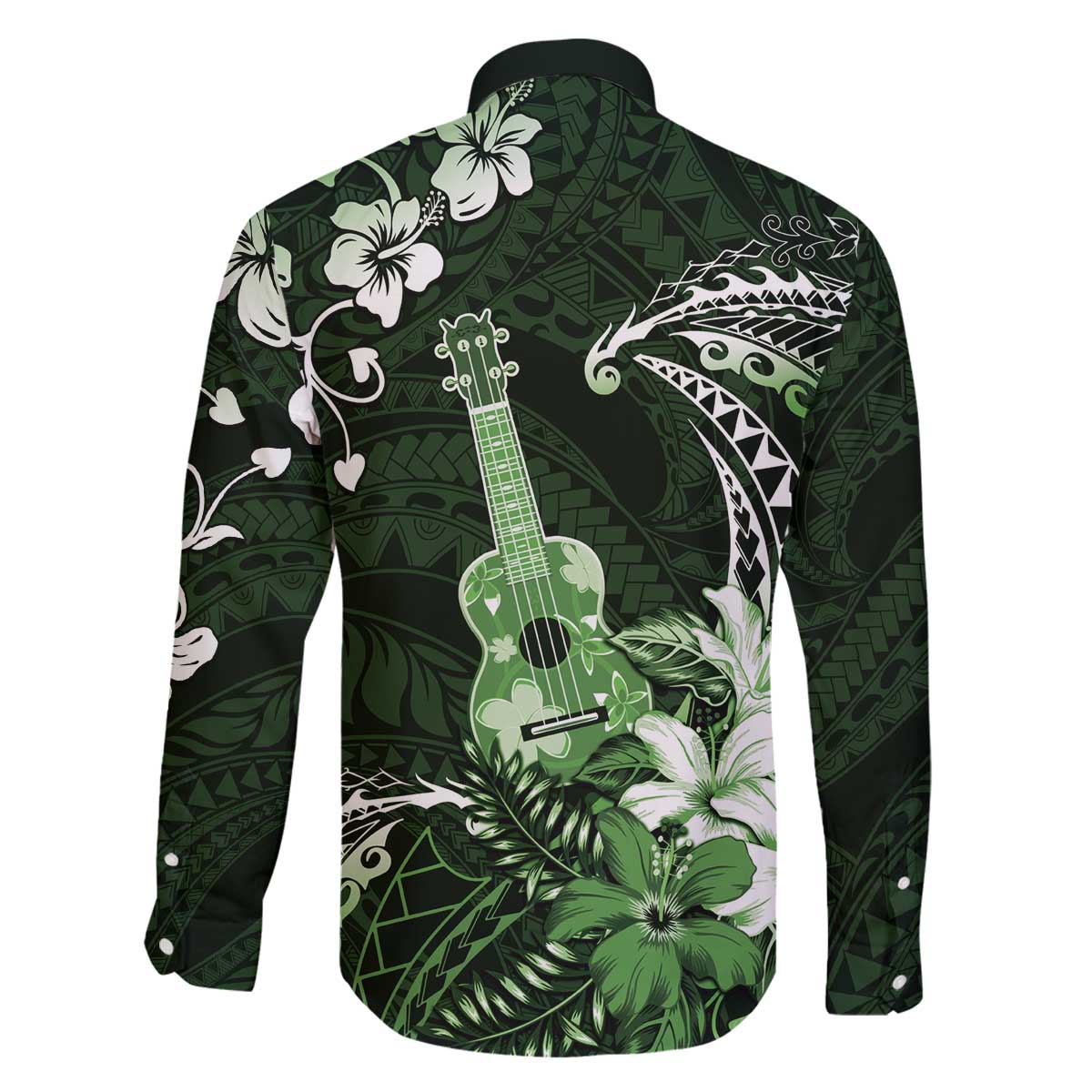 Hawaii Ukulele Family Matching Off The Shoulder Long Sleeve Dress and Hawaiian Shirt Polynesian Pattern Mix Hibiscus Green Version LT05