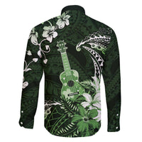 Hawaii Ukulele Family Matching Off The Shoulder Long Sleeve Dress and Hawaiian Shirt Polynesian Pattern Mix Hibiscus Green Version LT05