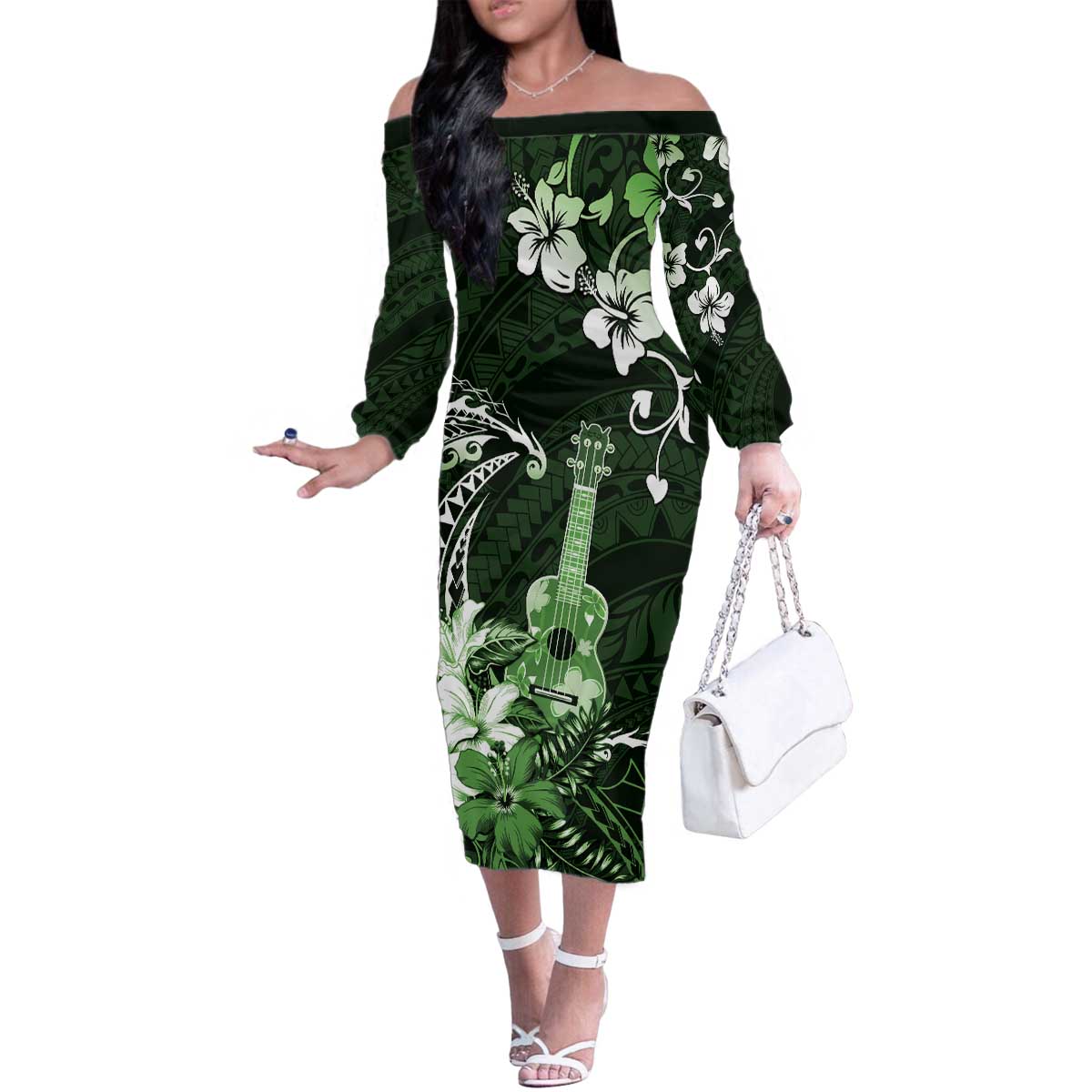 Hawaii Ukulele Family Matching Off The Shoulder Long Sleeve Dress and Hawaiian Shirt Polynesian Pattern Mix Hibiscus Green Version LT05