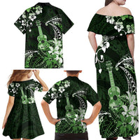 Hawaii Ukulele Family Matching Off Shoulder Maxi Dress and Hawaiian Shirt Polynesian Pattern Mix Hibiscus Green Version LT05