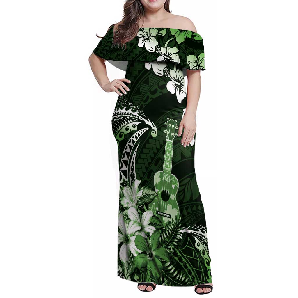 Hawaii Ukulele Family Matching Off Shoulder Maxi Dress and Hawaiian Shirt Polynesian Pattern Mix Hibiscus Green Version LT05