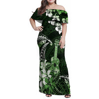 Hawaii Ukulele Family Matching Off Shoulder Maxi Dress and Hawaiian Shirt Polynesian Pattern Mix Hibiscus Green Version LT05