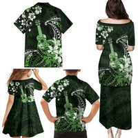 Hawaii Ukulele Family Matching Puletasi and Hawaiian Shirt Polynesian Pattern Mix Hibiscus Green Version LT05