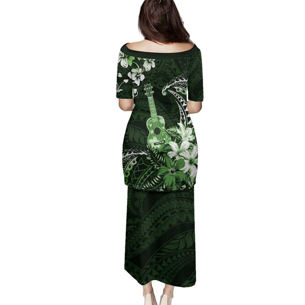 Hawaii Ukulele Family Matching Puletasi and Hawaiian Shirt Polynesian Pattern Mix Hibiscus Green Version LT05