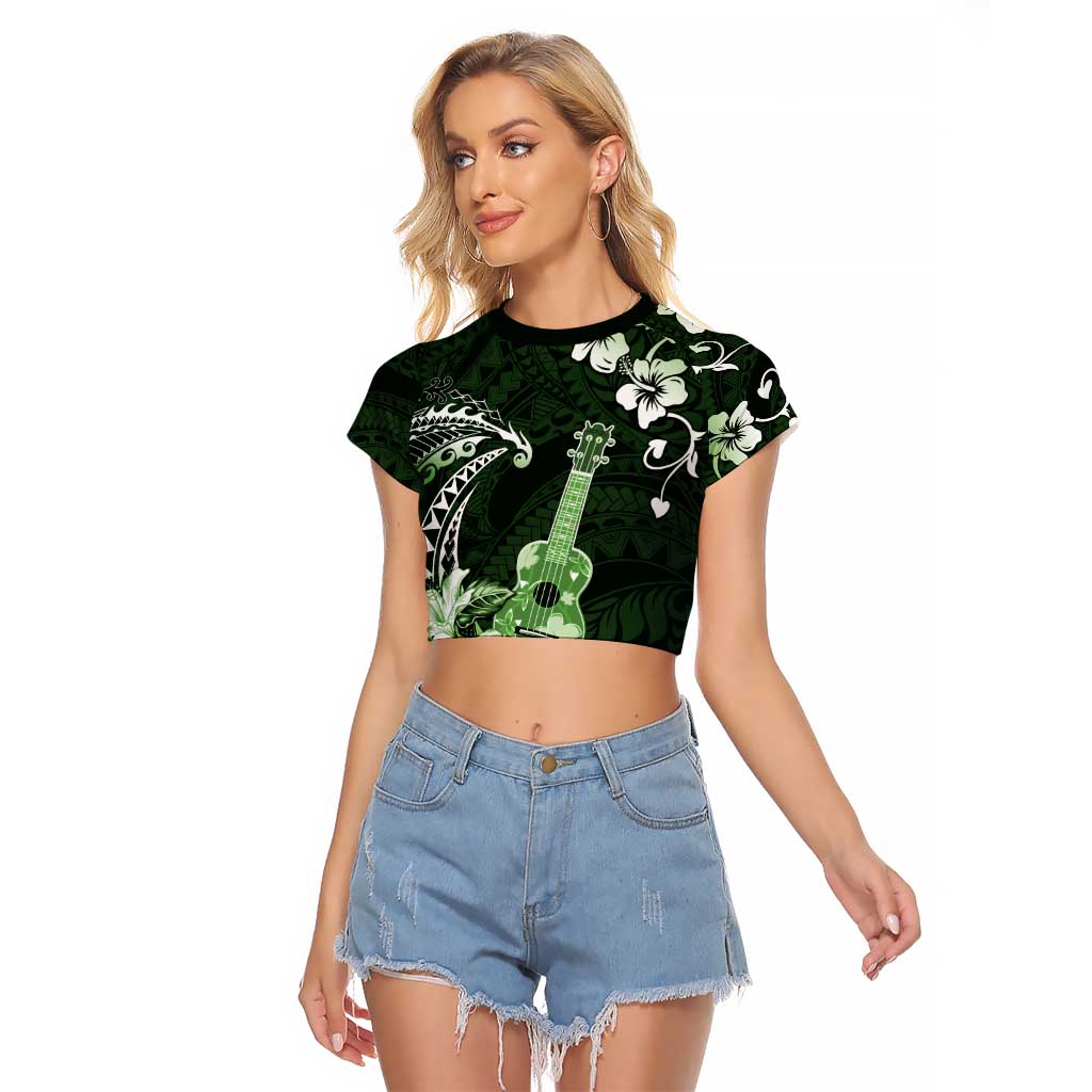 Hawaii Ukulele Raglan Cropped T Shirt Polynesian Pattern Mix Hibiscus Green Version LT05 Female Green - Polynesian Pride