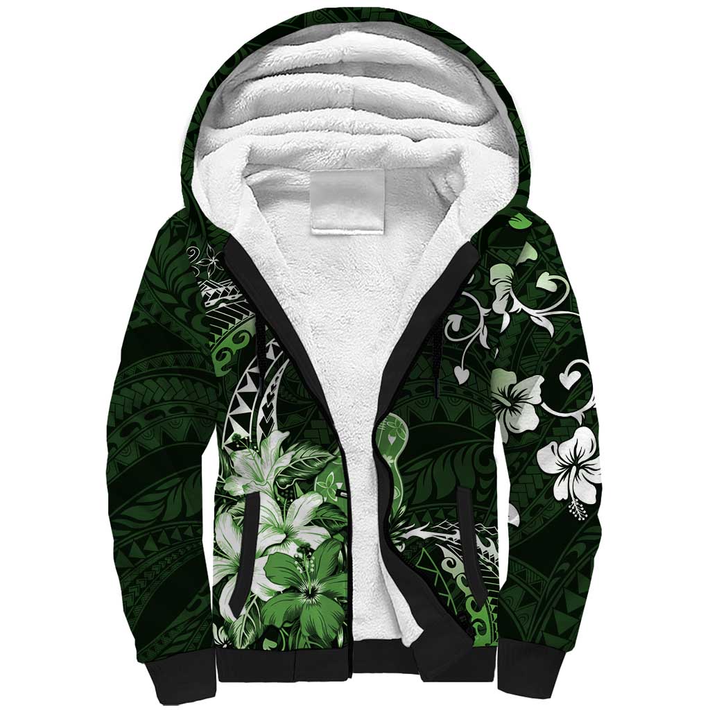 Hawaii Ukulele Sherpa Hoodie Polynesian Pattern Mix Hibiscus Green Version LT05 Unisex Green - Polynesian Pride