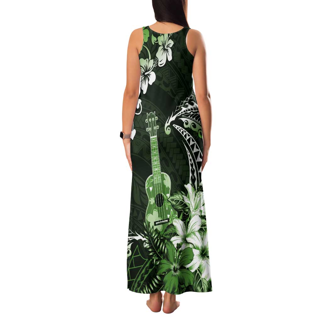 Hawaii Ukulele Tank Maxi Dress Polynesian Pattern Mix Hibiscus Green Version LT05