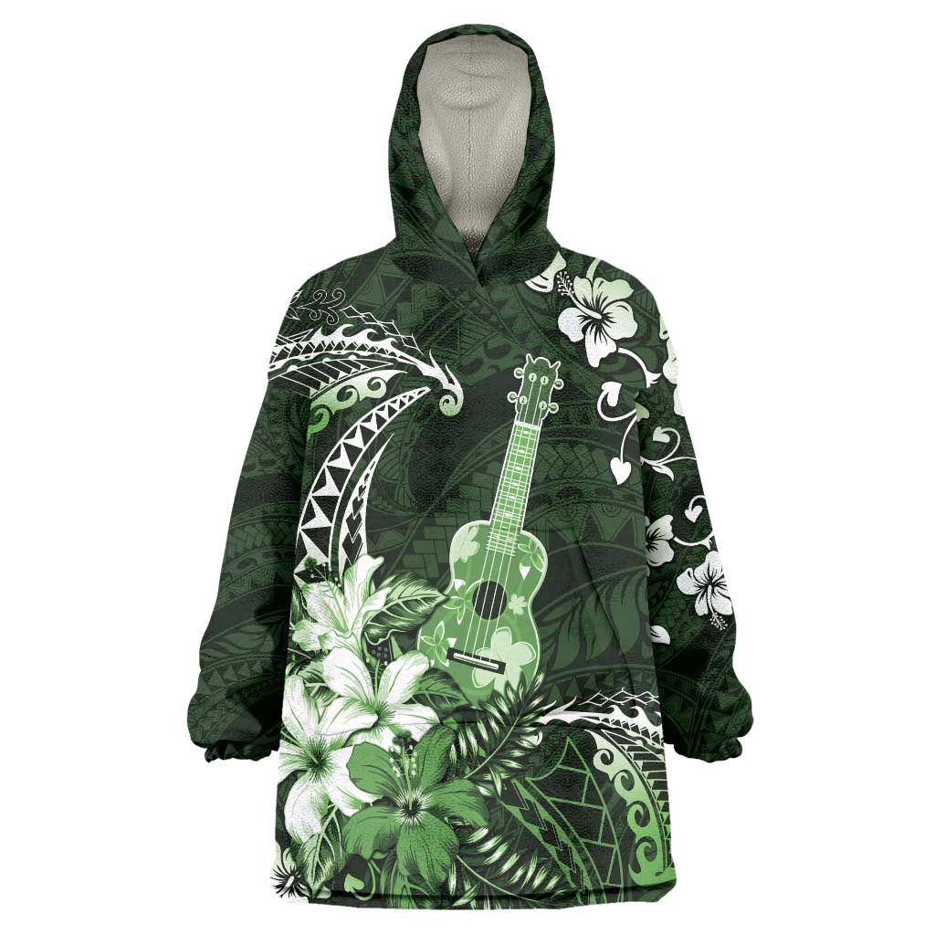Hawaii Ukulele Wearable Blanket Hoodie Polynesian Pattern Mix Hibiscus Green Version LT05 One Size Green - Polynesian Pride