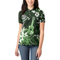 Hawaii Ukulele Women Polo Shirt Polynesian Pattern Mix Hibiscus Green Version LT05