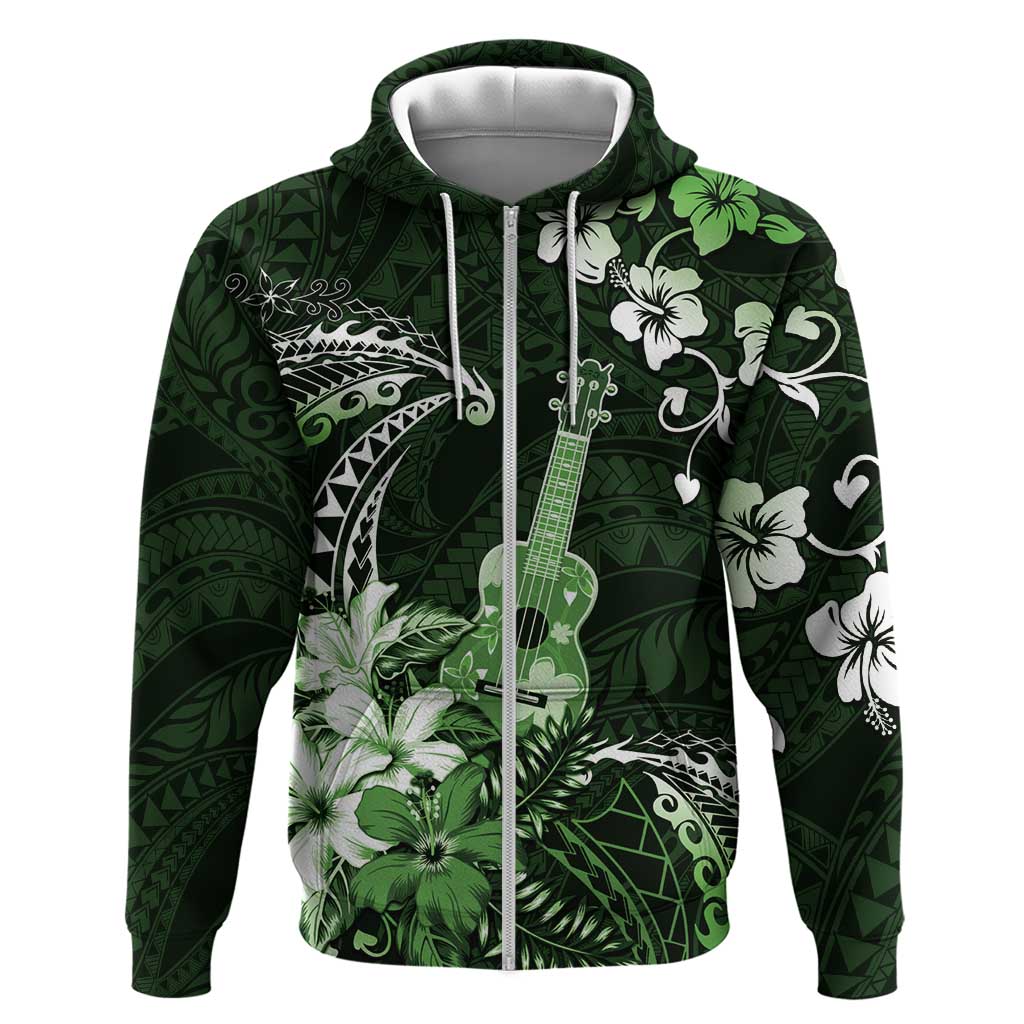Hawaii Ukulele Zip Hoodie Polynesian Pattern Mix Hibiscus Green Version LT05 Zip Hoodie Green - Polynesian Pride